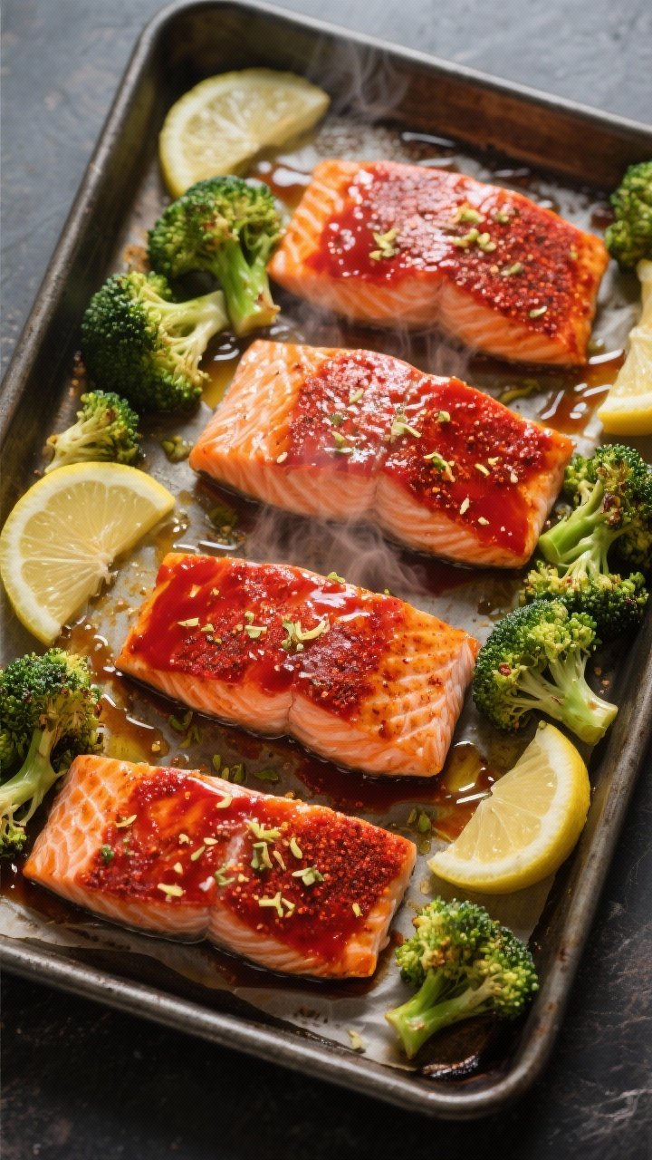 Sheet pan process shot from a slight overhead (top-down 3/4) of Harissa Salmon With Lemon Broccoli: four skin-on salmon fillets brushed with a harissa, olive oil, honey glaze, speckled with lemon zest; broccoli florets tossed with olive oil and thin lemon slices arranged around the salmon. Edges just beginning to caramelize, light steam visible, on a dark metal baking sheet with parchment. Bold reds and greens, glossy glaze highlights.