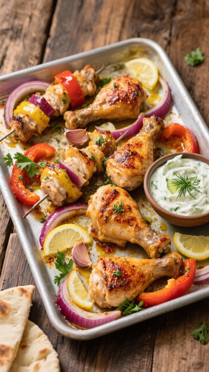Sheet-pan straight-on presentation: Chicken souvlaki baked on a large metal sheet pan—juicy, golden-browned boneless thigh pieces marinated with lemon juice, olive oil, garlic, oregano, and paprika, surrounded by thick slices of red onion and vibrant bell peppers. On the side, a small bowl of creamy tzatziki with dill and cucumber, warm pita wedges partially visible. Sprinkle of fresh parsley and lemon wedges on the pan, rustic wood backdrop, crisp, sharp lighting to emphasize char and color.