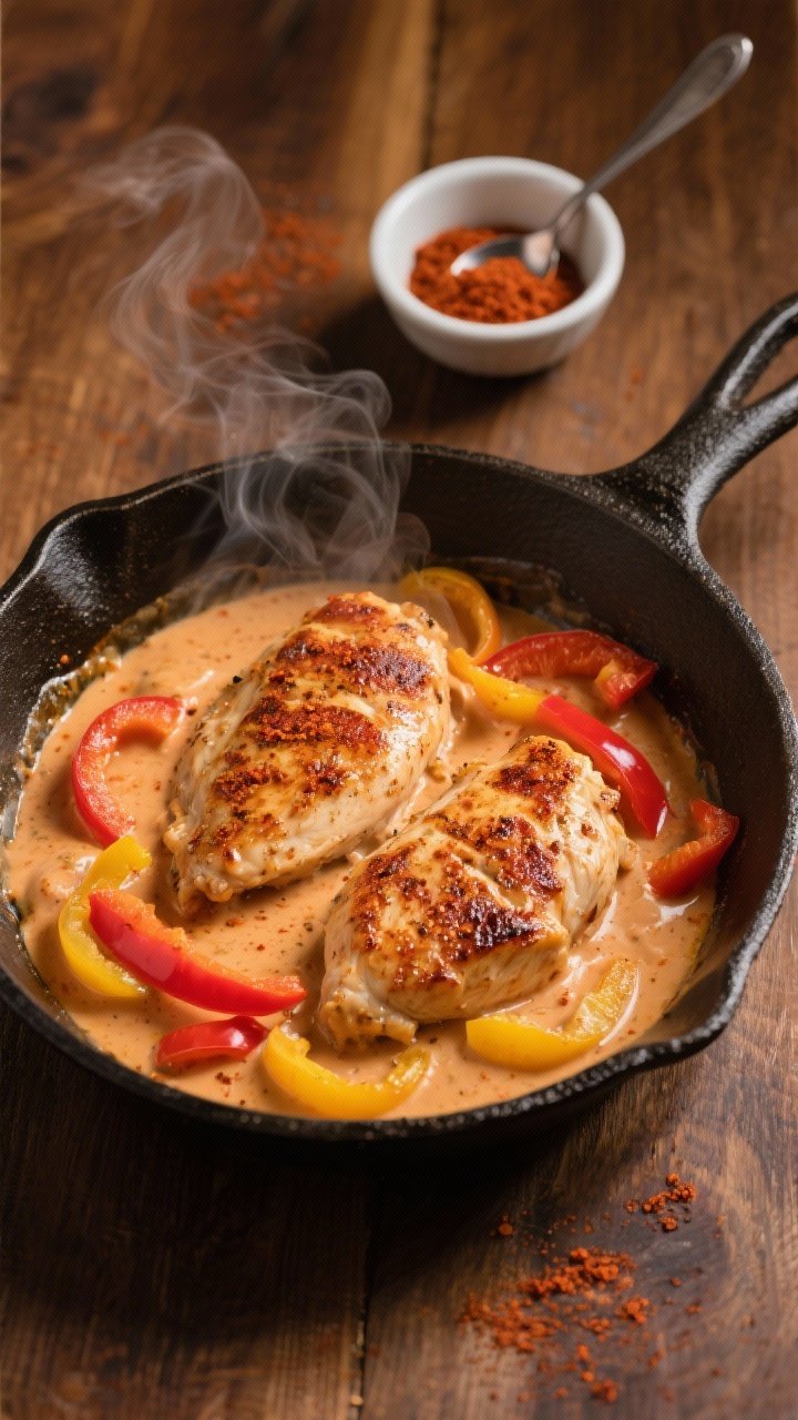 Skillet overhead of creamy Cajun chicken: seared chicken cutlets in a velvety Cajun cream sauce with thinly sliced red and yellow bell peppers, speckled with seasoning; slight paprika-tinted hue to the sauce, steam rising; served family-style with extra Cajun seasoning pinch bowl and a spoon resting in the pan, bistro-level comfort with warm wooden table.