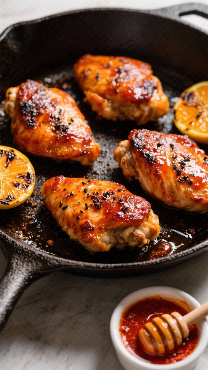 Straight-on action skillet shot: Honey-Harissa Skillet Chicken with Charred Citrus. Four cutlets lacquered in a glossy harissa and honey glaze, edges caramelized, dotted with black pepper. Halved citrus (charred lemons and/or oranges) sizzling alongside, blistered surfaces showing. A small ramekin of harissa paste and a honey dipper nearby; bright crimson-orange tones against a matte cast-iron pan. Dramatic side light to emphasize sticky sheen and char.