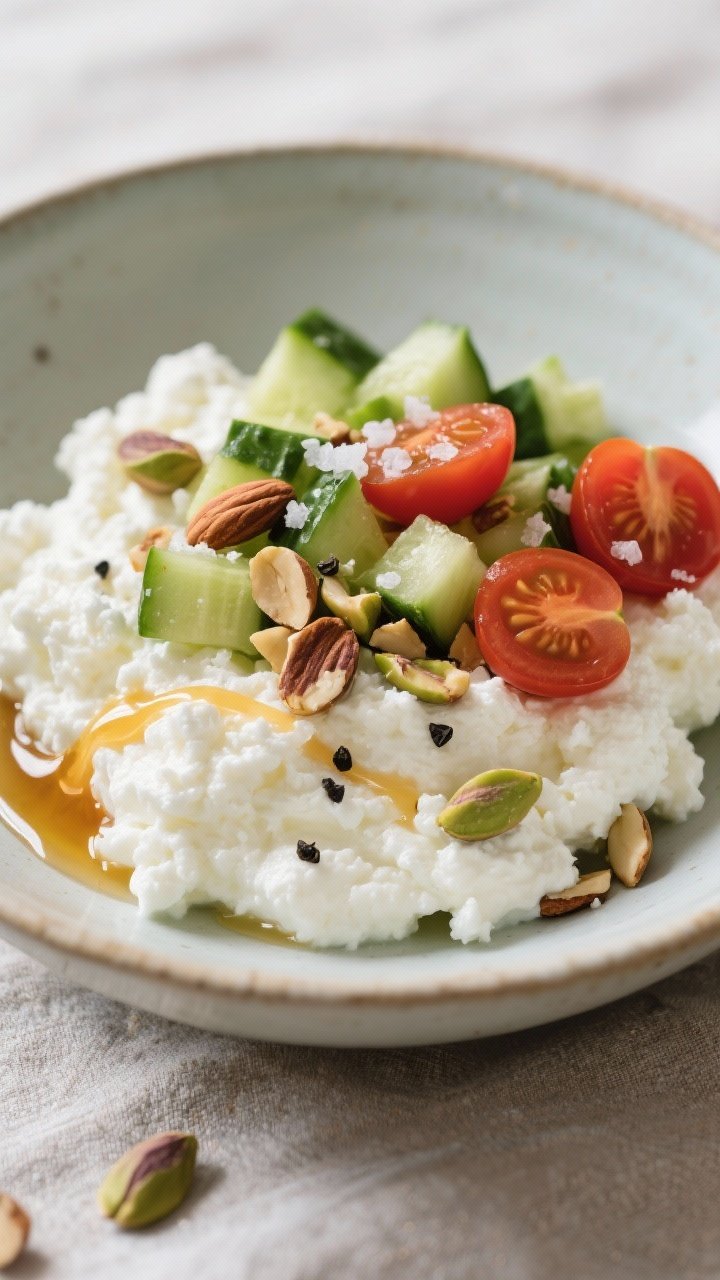 Straight-on bowl shot of a savory cottage cheese bowl: 3/4 cup cottage cheese mounded in a shallow ceramic bowl, topped with 1/2 cup diced cucumber, halved cherry tomatoes, chopped roasted almonds or pistachios, and a drizzle of hot honey; a pinch of black pepper and flaky salt on top; minimal, fresh styling with a cool-toned linen, emphasizing creamy curds, crunchy nuts, and glossy honey ribbon.
