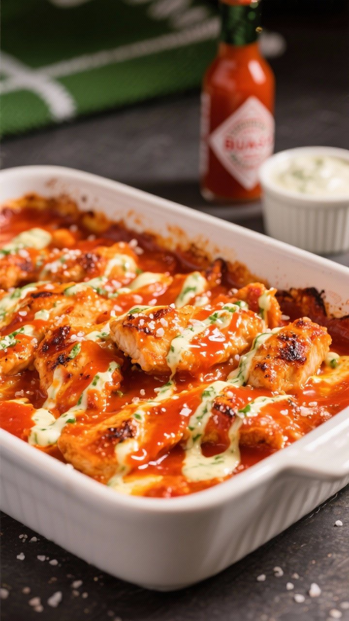 Straight-on casserole bake: Buffalo ranch chicken strips in a bubbling orange-red sauce, glossy from hot sauce and melted butter, streaks of creamy ranch visibly marbled through; slight char at the edges, coarse kosher salt crystals catching light; a small ramekin of extra ranch and a bottle of Buffalo-style hot sauce in the background; bold, comforting game-day vibe.