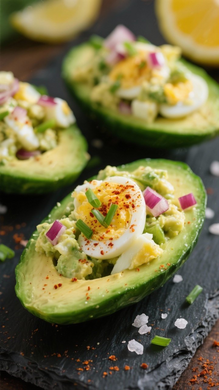 Straight-on close-up of avocado egg salad cucumber boats: halved cucumber sections hollowed and filled with a chunky mix of chopped hard-boiled eggs, ripe avocado, lemon juice, Dijon mustard, finely chopped red onion, fresh chives, and a dusting of smoked paprika; sea salt flakes visible; served on a slate board, vibrant green and yellow tones, selective focus for creamy-chunky contrast.