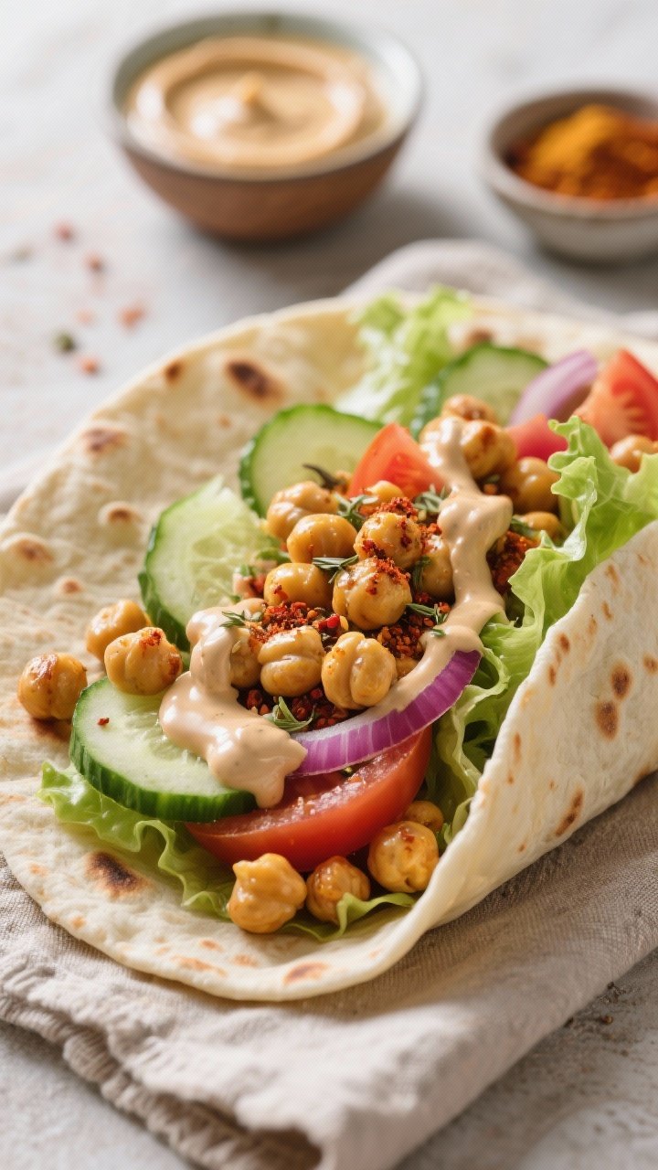 Straight-on close-up of Chickpea Shawarma Wrap assembly: roasted chickpeas coated in cumin, smoked paprika, coriander, turmeric, and a hint of cayenne piled onto warm flatbreads; ribbons of crunchy lettuce, sliced cucumbers and tomatoes, thin red onion, and a generous drizzle of creamy tahini sauce. Background shows a small bowl of tahini and a spice pinch bowl. Soft natural light, textured linen underneath, vibrant spices visible on chickpeas.