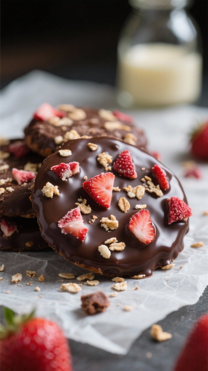 Straight-on close-up of Chocolate-Covered Strawberry Crunch Cookies: glossy semisweet chocolate disks with a clean snap, studded with lightly crushed freeze-dried strawberries and crisp rice cereal, a subtle coconut oil shine, flecks of ruby strawberry pieces contrasting the dark chocolate, vanilla bottle faintly in background, set on parchment with a few crumbs for texture, dramatic yet clean lighting.