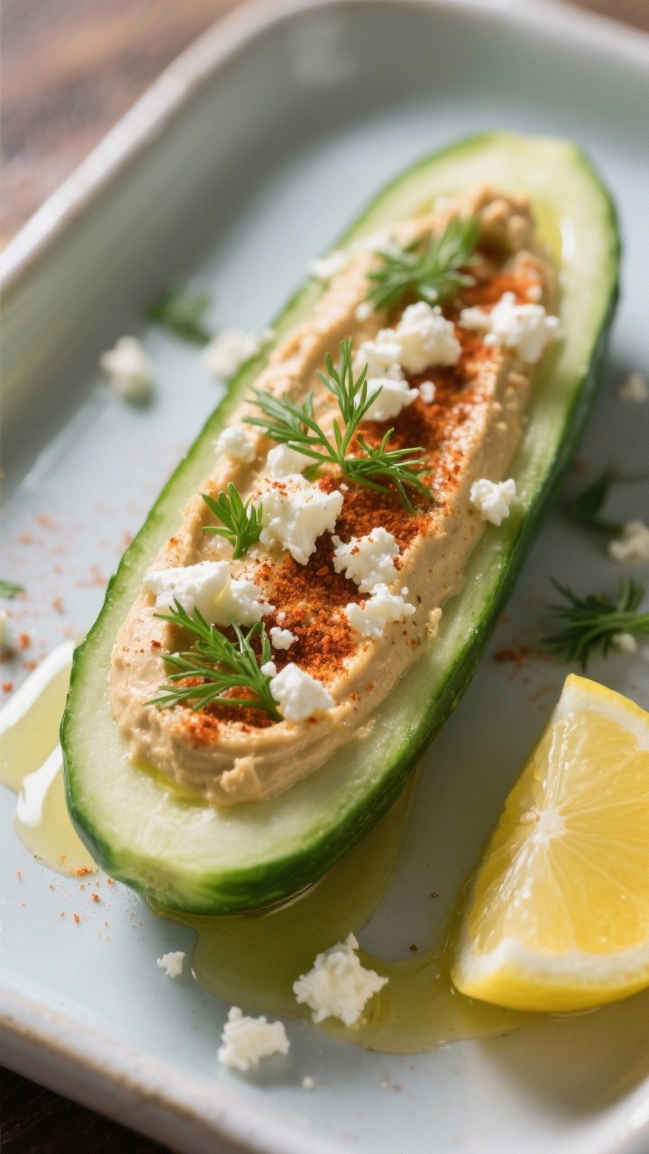Straight-on close-up of cucumber boats: a large cucumber halved lengthwise and hollowed, filled with smoky hummus, dusted with smoked paprika, drizzled with a touch of olive oil, sprinkled with crumbled feta, and finished with fresh dill and parsley; a squeeze of lemon showcased with a cut lemon nearby; clean, refreshing Mediterranean vibe on a light ceramic tray, sharp focus on contrasting textures—creamy hummus, crisp cucumber, crumbly feta, and wisps of herbs.