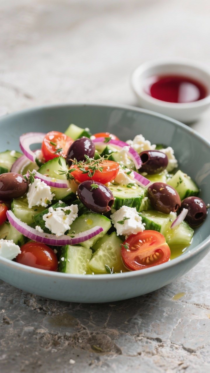 Straight-on composed Greek-style cucumber feta bowl: chopped cucumber and halved cherry tomatoes piled with sliced Kalamata olives, thinly sliced red onion, and crumbled feta. A drizzle of extra-virgin olive oil and a sprinkle of dried oregano over the top, with a small dish of red wine vinegar off to the side. Served in a cool-toned bowl on a stone surface; crisp, briny mood with clean lines and natural light.