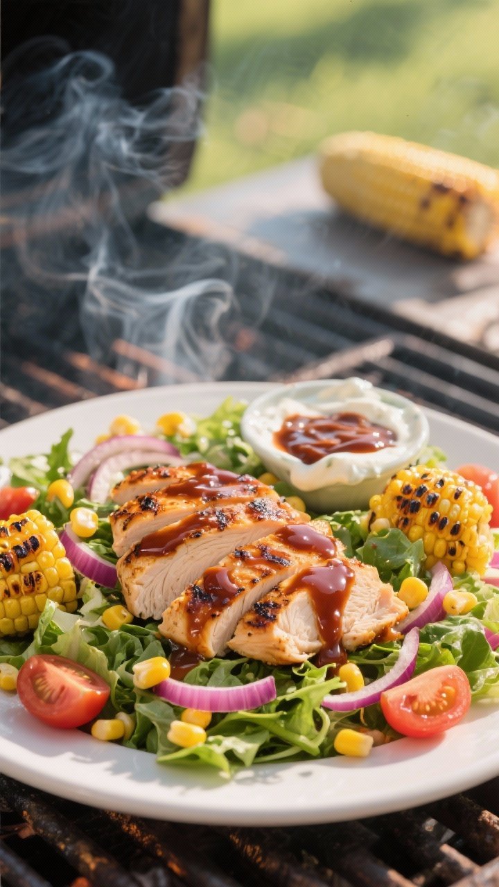 Straight-on grill-forward scene of a BBQ Ranch Grilled Chicken Salad with Charred Corn: juicy grilled chicken breasts brushed with BBQ sauce (lacquered, slightly charred), sliced over a bed of chopped crisp greens; kernels of fire-charred corn scattered; cherry tomatoes and red onion accents; drizzle of creamy ranch and extra BBQ sauce on the side; summer cookout mood with light smoke wisps against a sunlit backdrop.