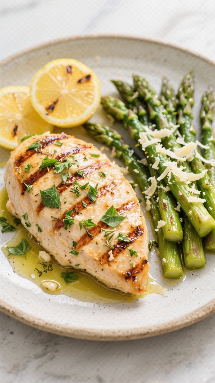 Straight-on grill-marked Herb-Grilled Chicken with lemon-Parmesan asparagus: juicy chicken breasts coated with olive oil, chopped fresh basil and parsley, dried thyme, minced garlic, sea salt, black pepper, showing distinct grill marks; side of asparagus spears tossed with olive oil, lemon zest, and shaved Parmesan; lemon halves slightly charred; served on a stoneware plate with a drizzle of olive oil; bright spring feel.