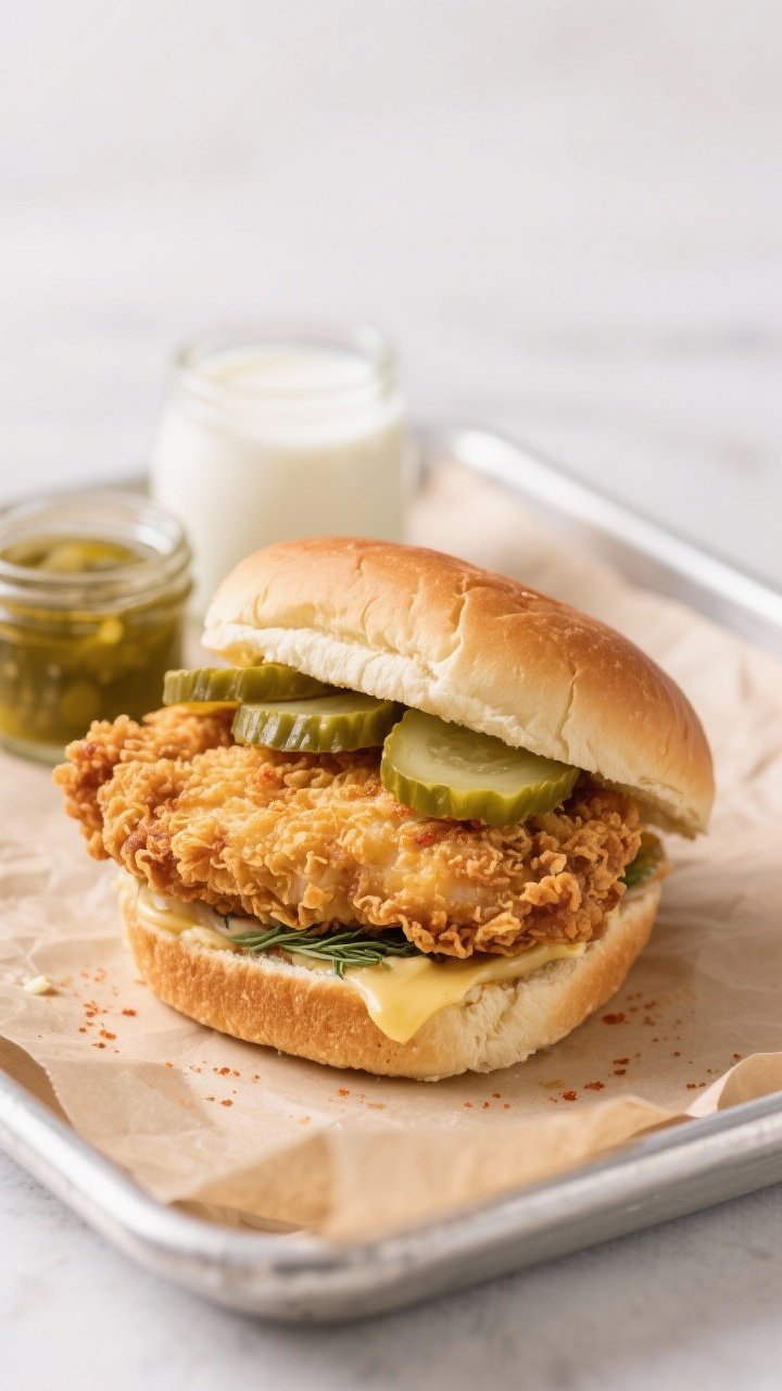 Straight-on hero shot of a classic crispy chicken sandwich: ultra-craggy, golden fried chicken breast cutlet (flour-cornstarch blend with paprika and garlic powder) stacked on a buttered toasted brioche bun with thick dill pickle slices; a small jar of pickle juice and buttermilk behind as styling props; paper wrap partially open on a tray, fast-casual look with clean background.
