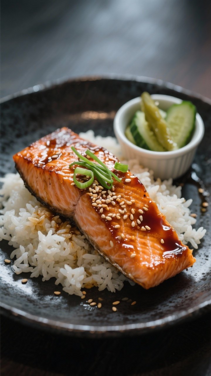 Straight-on hero shot: Teriyaki salmon fillets, skin-on, lacquered with a glossy soy-tamari, honey, and rice vinegar glaze, sesame seeds sprinkled on top. Served over sesame oil-tossed jasmine rice, accompanied by quick cucumber pickles in a small ramekin. Garnish with scallions. Set on a dark ceramic plate with subtle reflections, moody lighting highlighting the caramelized glaze and fluffy rice texture.
