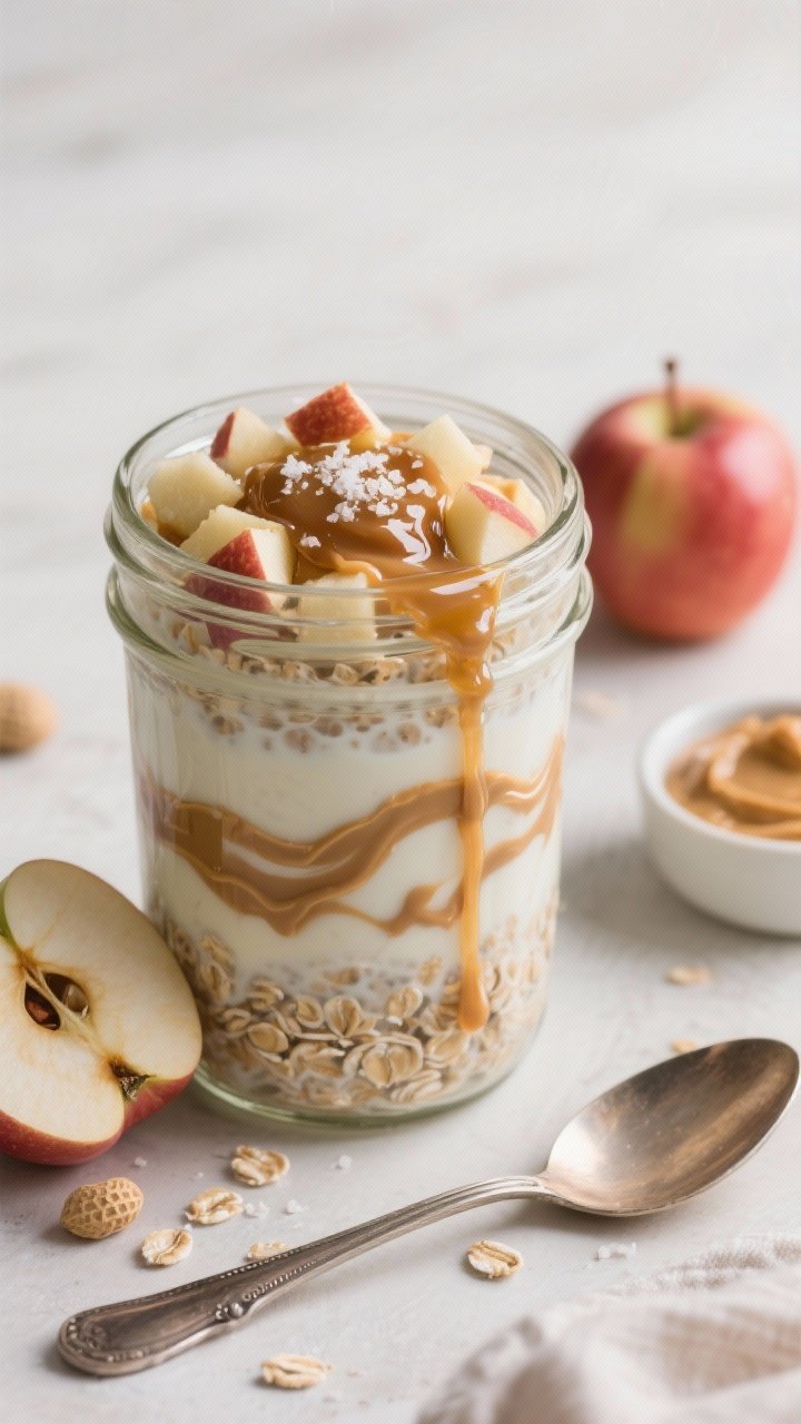 Straight-on jar shot of peanut butter apple overnight oats: a clear mason jar showcasing creamy rolled oats soaked in milk, swirled with peanut butter ribbons, layered diced apple chunks, and a glossy drizzle of maple syrup on top; sprinkled with a pinch of flaky salt for “salted crunch”; styled with a spoon, half an apple, and a small dish of peanut butter; cool, cozy morning vibe, natural textures emphasized.