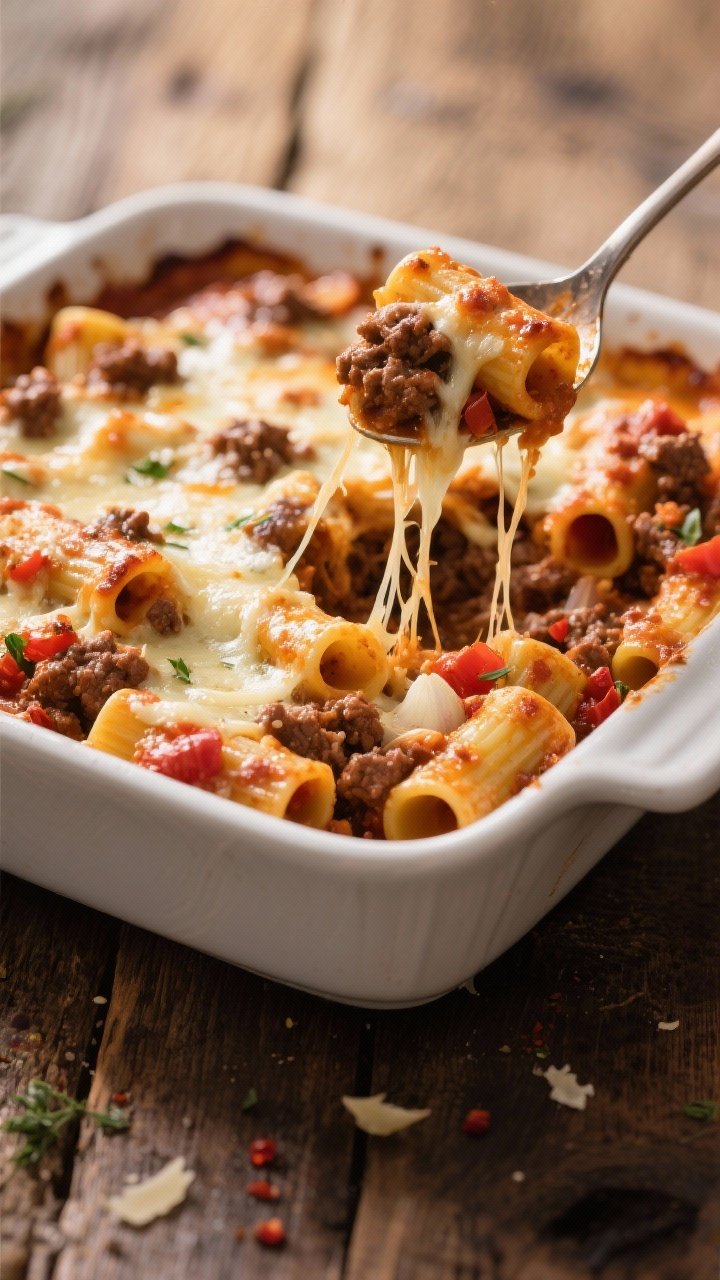 Straight-on, oven-to-table shot of cheesy baked beef rigatoni: bubbling casserole with bronzed mozzarella and parmesan strands stretching, rigatoni tubes packed with saucy ground beef, Italian seasoning, red pepper flakes, onion, and garlic. Visible browned edges, flecks of herbs, and a glossy tomato sheen. Set in a white ceramic baking dish on a rustic wooden table, with a serving spoon lifting a portion to reveal gooey cheese pull. Warm, inviting light for a comfort-food feel.