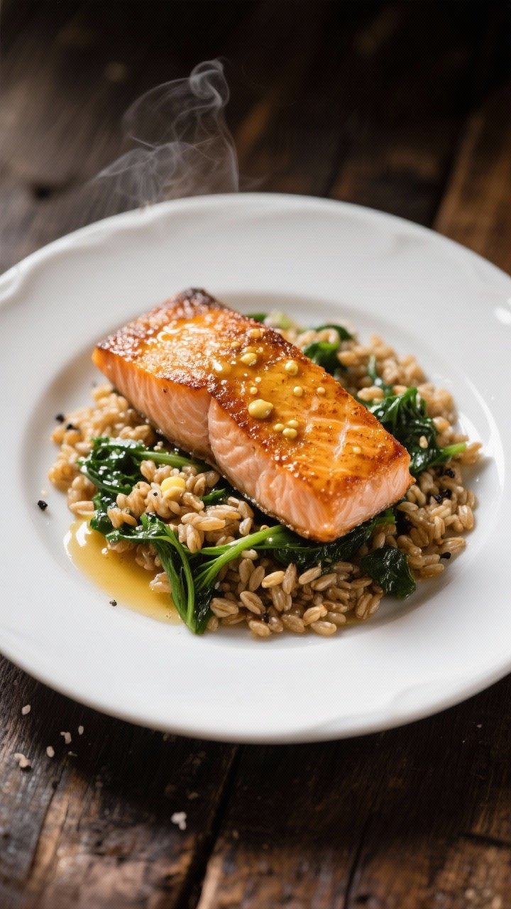 Straight-on plated presentation: honey-Dijon seared salmon, skin-on, with a golden crust, brushed with a mix of Dijon and whole-grain mustard and honey; served over a warm bed of farro tossed with wilted greens, seasoned with kosher salt and black pepper; a butter gloss on the salmon from the pan sear, grains visibly nutty and steaming; minimalist white plate on a rustic wood table, moody side light highlighting the glaze.