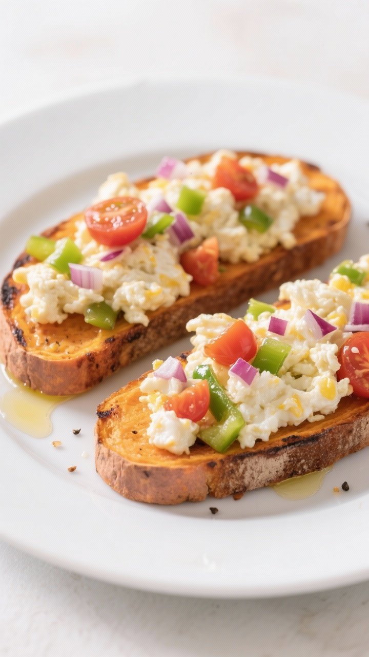 Straight-on plated presentation of 10-Minute Egg White Veggie Scramble on Sweet Potato Toast: two thick, lengthwise sweet potato “toasts” with light char marks, topped with fluffy egg white scramble studded with diced bell pepper, cherry tomatoes, and chopped red onion; a light gloss from olive oil or butter. Garnish with a sprinkle of salt and pepper. Serve on a white plate against a minimal backdrop, gentle morning light to convey a fast, healthy post-workout breakfast.