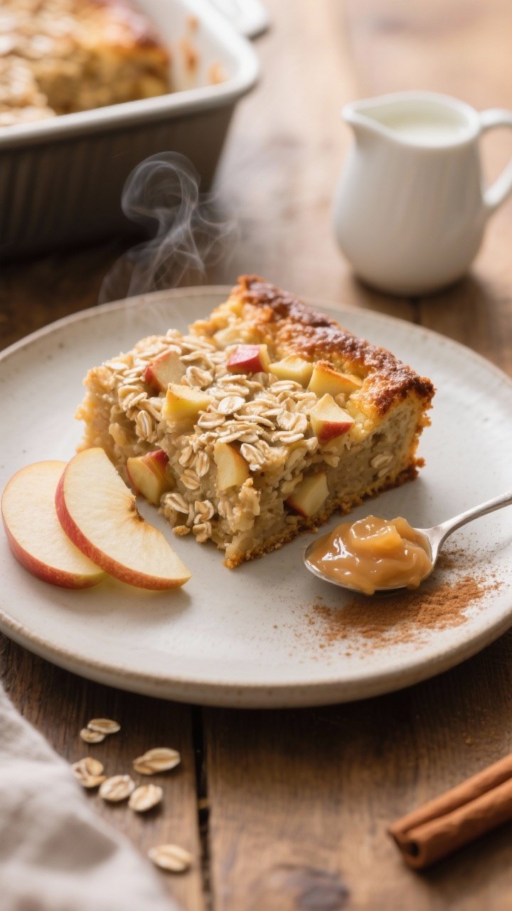 Straight-on plated presentation of an apple-cinnamon high-fiber oat bake: a square slice lifted from a baking dish with crisped, golden-brown edges and a moist interior studded with finely diced Honeycrisp apple. Visible oats bound with eggs, scented with cinnamon; a glossy spoonful of unsweetened applesauce on the side and a light dusting of cinnamon over the top. Include a few thin apple slices and a small pitcher of almond milk in the scene. Neutral ceramic plate on a wooden table, cozy morning mood, soft natural light, steam subtly rising, no people.
