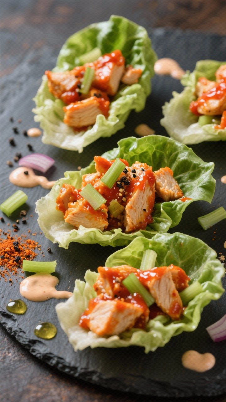 Straight-on plated presentation of Buffalo ranch chicken lettuce wraps: diced chicken breast tossed in glossy hot sauce (like Frank’s RedHot) and ranch seasoning, nestled in crisp butter lettuce cups; scattered with thinly sliced celery, a drizzle of ranch, and a sprinkle of black pepper and onion powder; avocado oil sheen visible; arranged on a slate board for maximum crunch visual, vibrant orange-red Buffalo hue popping.