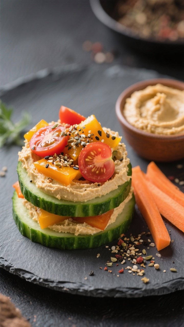 Straight-on plated presentation of crunchy veggie hummus stacks: thick 1/4-inch cucumber rounds topped with classic hummus, then bell pepper squares and halved cherry tomatoes, sprinkled generously with everything bagel seasoning; a few thin carrot slices fan out on the side; styled on a matte slate platter with a ramekin of hummus and a scattered pinch of seasoning, bright and colorful, sharp focus on layers and crunch.