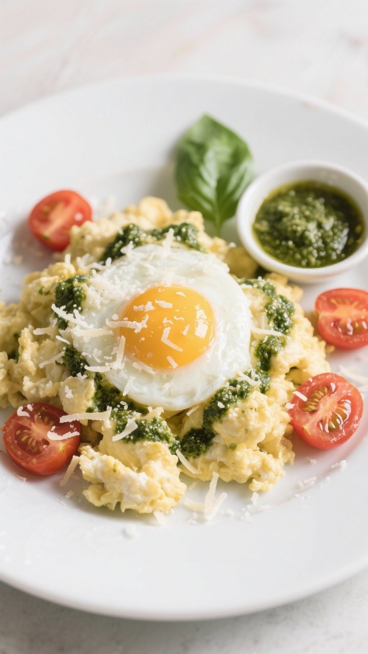 Straight-on plated presentation of Egg White Pesto Scramble with Cherry Tomatoes and Parmesan: silky egg white scramble enriched with one whole egg, streaks of basil pesto marbled through, halved cherry tomatoes just blistered, and a snowfall of grated Parmesan on top. Served on a white plate with a small dish of pesto and a few fresh basil leaves. Subtle shine from olive oil/ghee, soft curds of egg, bright tomato pop; airy morning light for a fresh, post-gym brunch mood.