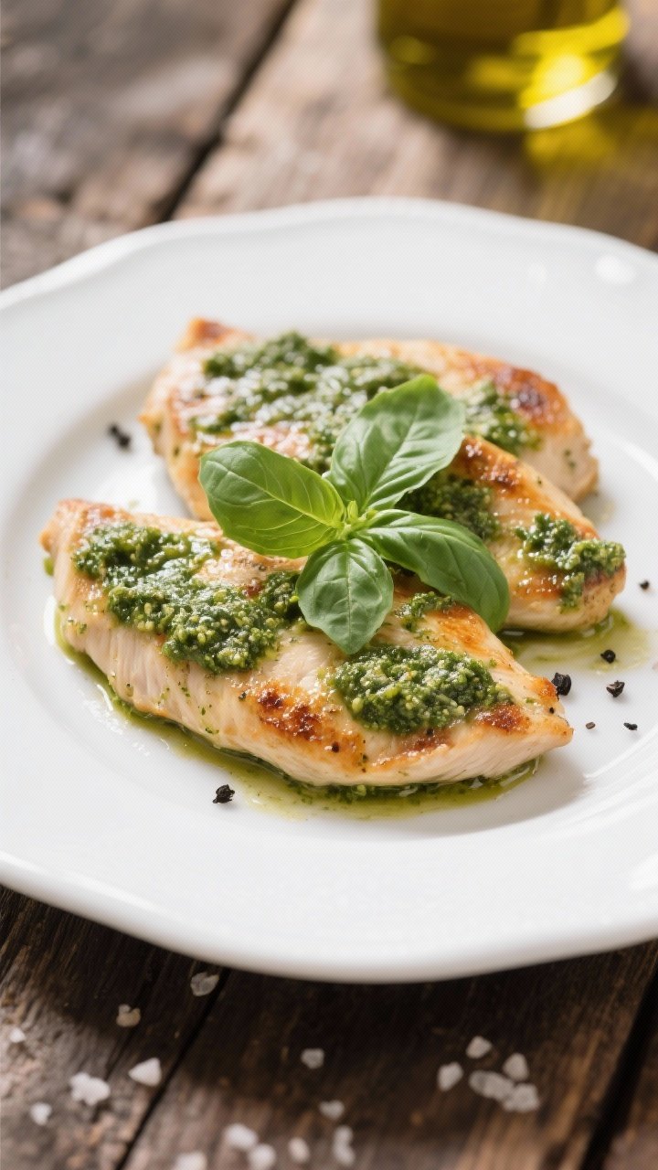 Straight-on plated presentation of Five-Ingredient Pesto Chicken Cutlets: thin, evenly browned chicken cutlets glossed with bright green basil pesto, garnished with a few torn basil leaves and a light crack of black pepper. Simple white plate on a rustic wood table, olive oil glints, kosher salt pinch on the rim. Minimalist styling emphasizes speed and herb-forward aroma; background blur keeps focus on the cutlets.
