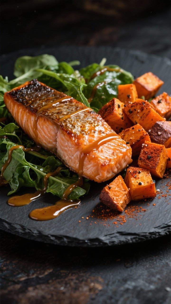 Straight-on plated presentation of Salmon, Sweet Potato, and Greens: oven-roasted salmon fillets with crisped skin, nestled beside roasted sweet potato cubes dusted with smoked paprika, kosher salt, and black pepper, and a bed of mixed leafy greens; glossy maple-mustard drizzle ribboned over salmon and vegetables; details of caramelization on sweet potatoes and glistening glaze on salmon; served on a dark slate plate to pop the orange and green hues; moody, directional light for contrast and appetizing shine.