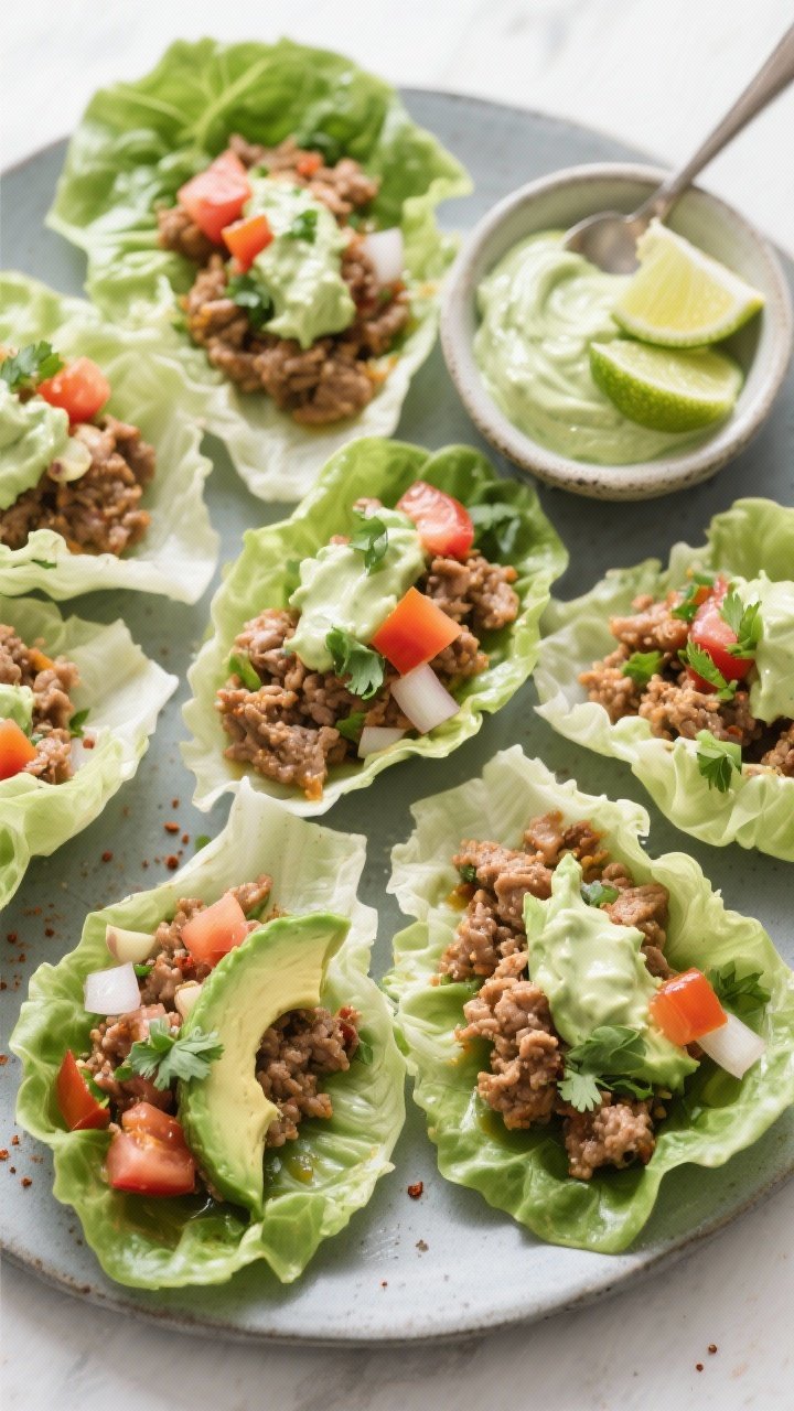 Straight-on plated scene of Turkey Taco Lettuce Wraps with Avocado Lime Crema: juicy 93% lean ground turkey sautéed with olive oil, finely diced onion, minced garlic, chili powder, ground cumin, smoked paprika, and dried oregano, spooned into crisp butter lettuce cups. Topped with a silky avocado lime crema (shown in a small dish with lime wedge), garnished with diced tomatoes and a sprinkle of cilantro. Multiple wraps arranged on a matte platter, vibrant colors and slight gloss on the filling; clean, modern styling with high-key lighting for a fresh, zesty feel.