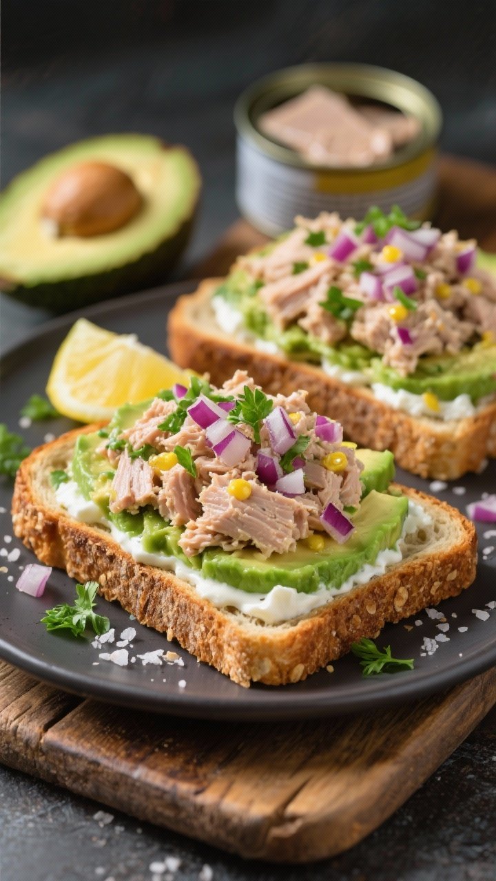 Straight-on plated shot of Loaded Tuna Avocado Toast: two slices of toasted whole grain or sourdough topped with smashed ripe avocado, a mound of tuna mixed with Greek yogurt (or mayo), Dijon mustard, and finely chopped red onion; sprinkled with fresh parsley and a squeeze of lemon, sea salt flakes visible; toast set on a rustic board with a halved avocado, lemon wedge, and open tuna can in background blur, crisp textures, vibrant greens.