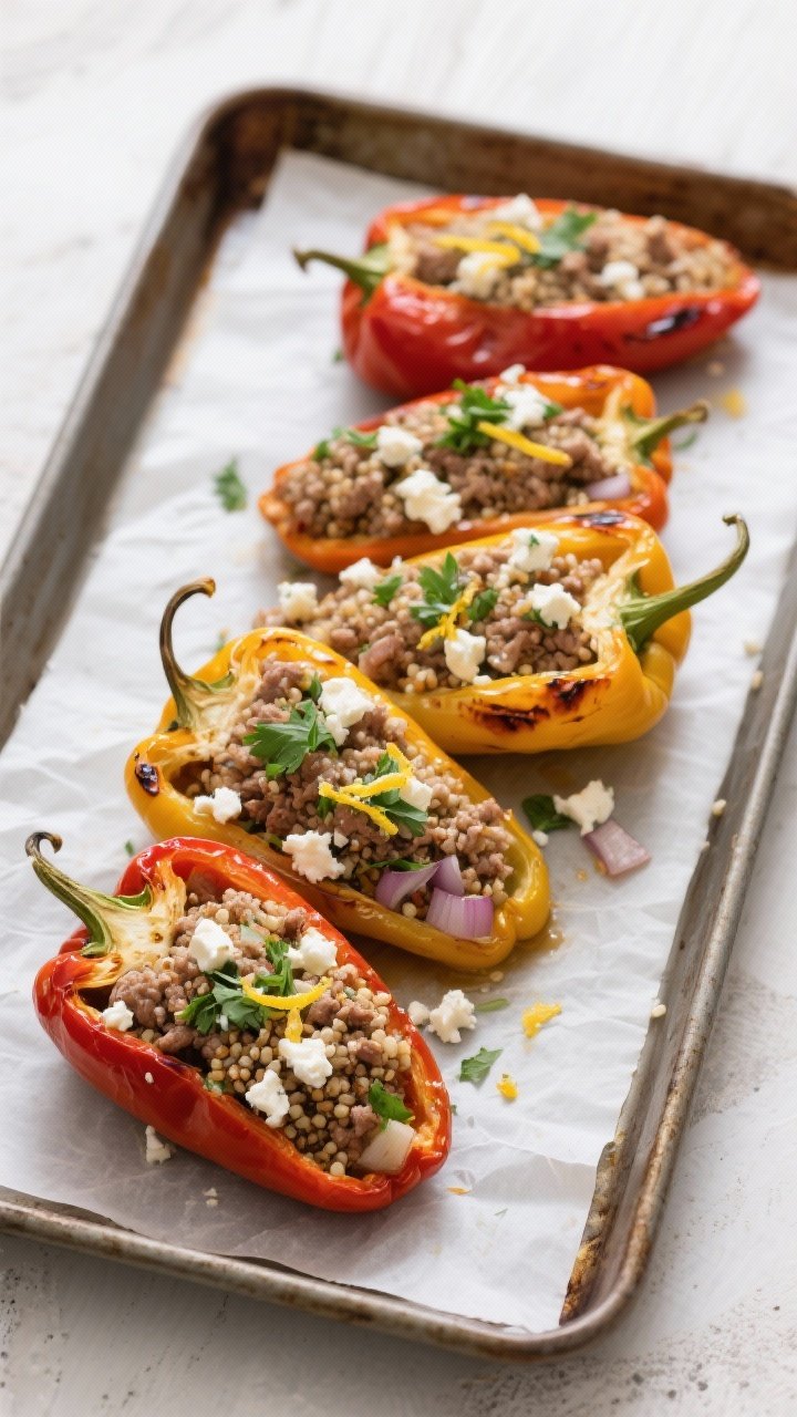 Straight-on plated shot of Mediterranean stuffed peppers: four bell peppers standing, filled with lean ground turkey, fluffy quinoa, diced onion, herbs, and feta, tops leaning to the side. Filling peeks out with juicy bits and melted feta crumbles on top. Roasted pepper skins slightly blistered, a sprinkle of parsley and lemon zest, on a parchment-lined sheet pan.