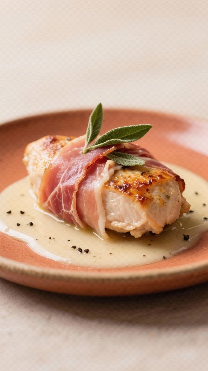 Straight-on plated shot of Prosciutto-Wrapped Chicken with Sage and White Wine: tightly wrapped, crisped prosciutto around evenly pounded chicken breasts, sage leaves tucked under the prosciutto and more used as garnish; a light white-wine pan sauce pooled beneath, black pepper flecks on top; set on a warm-toned ceramic plate with a minimal backdrop to emphasize the rosy prosciutto and glossy sauce.