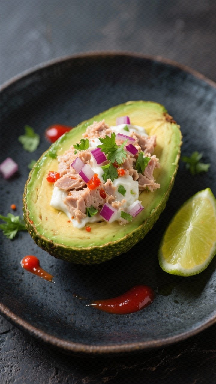 Straight-on plated shot of spicy tuna-stuffed avocado: a halved ripe avocado filled with a creamy tuna mix bound with Greek yogurt, sriracha, and lime juice, flecks of finely chopped red onion and cilantro visible; extra sriracha dotted alongside, lime wedge on the side; served on a dark ceramic plate to pop the greens and reds, crisp, modern styling.