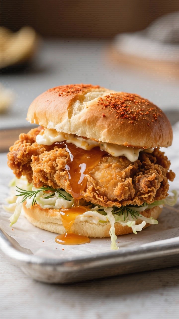 Straight-on sandwich hero shot: towering buttermilk hot honey fried chicken thigh sandwich on a toasted bun, craggy, ultra-crispy flour-and-cornstarch crust with paprika and garlic powder; a generous drizzle of warm hot honey dripping down; quick dill slaw peeking out; set on parchment atop a tray, shallow depth of field, bright, crunchy, irresistible.