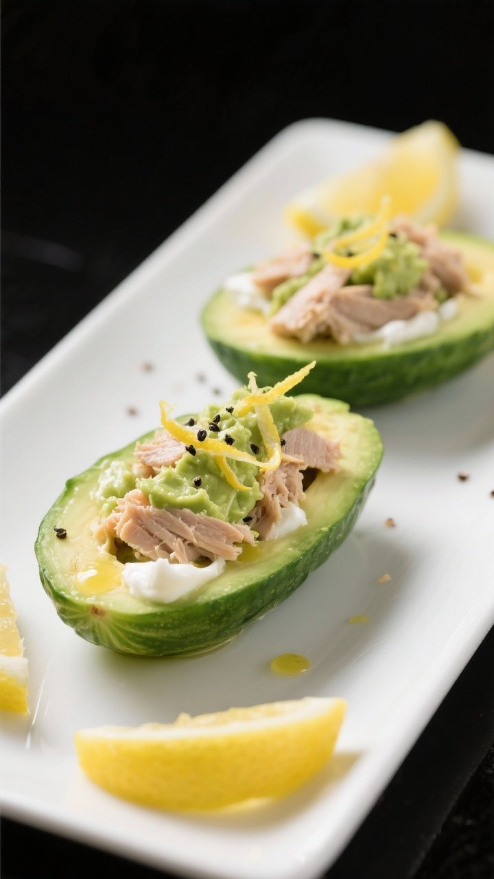 Straight-on shot of avocado tuna cucumber boats: halved English cucumber sections hollowed slightly and filled with a creamy mix of mashed ripe avocado, flaked tuna, plain Greek yogurt or mayo, Dijon mustard, and lemon juice. Top with a sprinkle of black pepper and tiny lemon zest curls. Plate on a long white platter with extra lemon wedges; crisp, bright lighting to emphasize the zesty, fresh crunch.