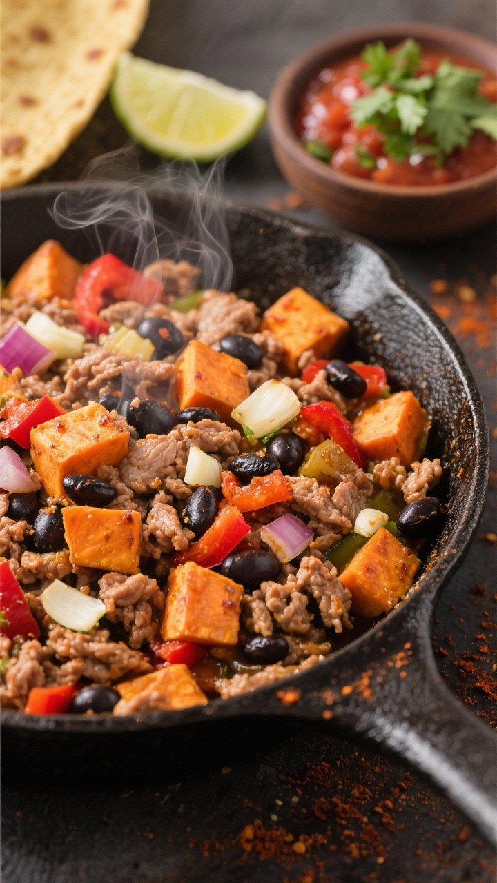 Straight-on skillet action shot of Loaded Turkey Taco Skillet With Sweet Potato And Black Beans: lean ground turkey browned with minced garlic, diced sweet potato cubes with caramelized edges, diced onion and red bell pepper adding color, black beans folded in; taco spices dusting the surface; steam rising from a cast-iron skillet; lime wedges and a small bowl of salsa and cilantro nearby; warm, vibrant tones to convey hearty, post-workout comfort.
