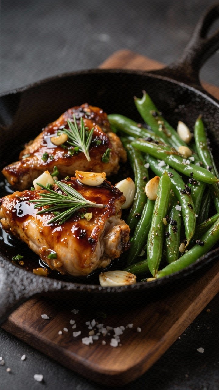 Straight-on skillet shot of Rosemary-Balsamic Chicken with garlicky green beans: chicken thighs glossy with a balsamic-Dijon-olive oil reduction, studded with minced garlic and chopped fresh rosemary; blistered green beans tossed with garlic and black pepper alongside; sea salt flakes visible; cast-iron pan on a wooden board, moody lighting with gentle highlights on the glaze, clean and rustic.