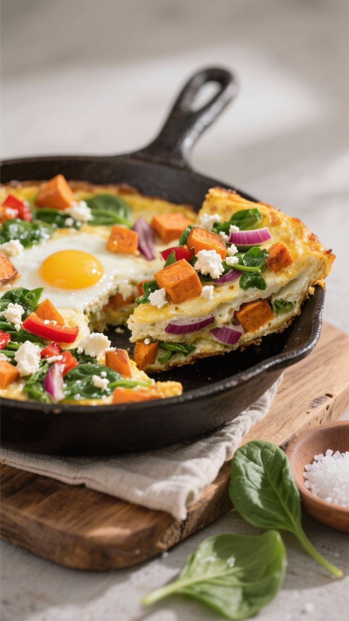 Straight-on slice shot of an Egg White Veggie Frittata with Feta and Sweet Potato: thick wedge lifted from a cast-iron skillet showing layers—roasted diced sweet potato, red bell pepper, chopped baby spinach, red onion—suspended in custardy egg whites, with crumbled feta on top lightly browned. Skillet set on a rustic wooden board with a folded linen, a small dish of flaky salt, and a few spinach leaves. Warm, morning light to evoke a lean, post-workout brunch; clean edges, moist interior highlighted.