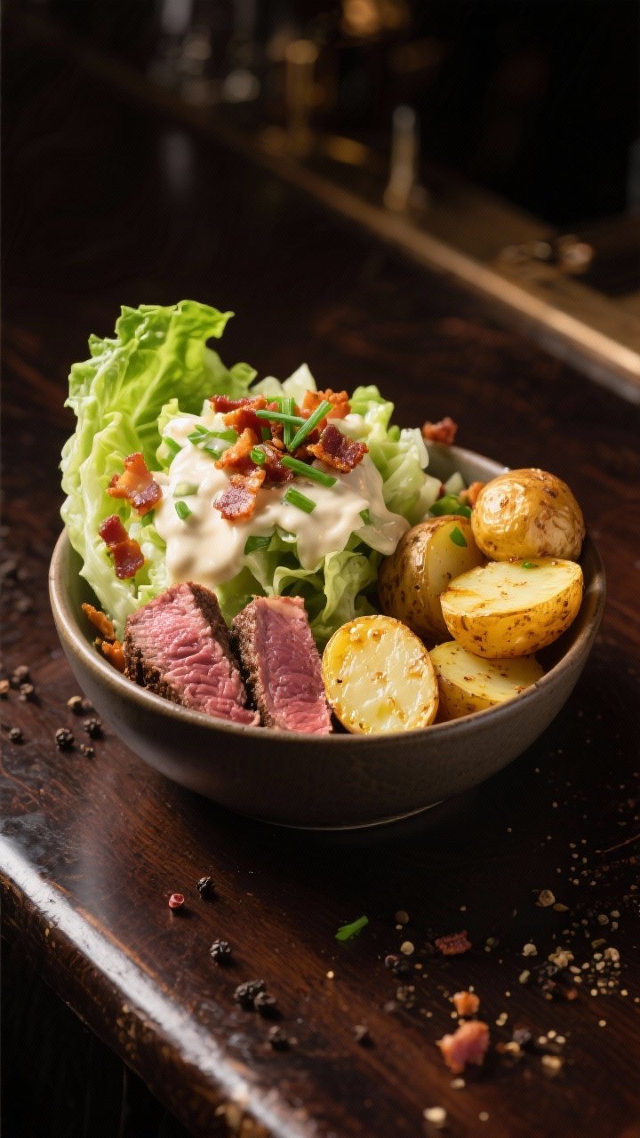 Straight-on steakhouse composition of a Wedge Salad Bowl with Crispy Potatoes: a crisp iceberg wedge (or chopped little gem) drenched in creamy dressing and showered with crumbled bacon and chives; golden baby potatoes, halved and roasted in olive oil, kosher salt, black pepper until blistered; slices of medium-rare sirloin resting alongside; black pepper visibly cracked; served in a deep bowl on a dark wood bar surface.