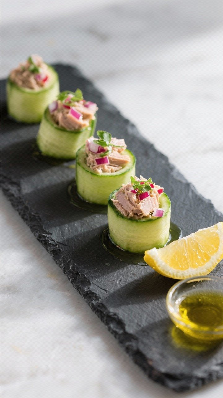 Straight-on tapas-style presentation of Mediterranean tuna cucumber cups: thick English cucumber rounds hollowed into cups, filled with a tuna mix dressed in extra-virgin olive oil and lemon juice, studded with finely chopped red onion and fresh herbs; arranged in a staggered line on a slate board with a small pour of olive oil pooling and lemon wedges, clean coastal vibe, cool daylight.