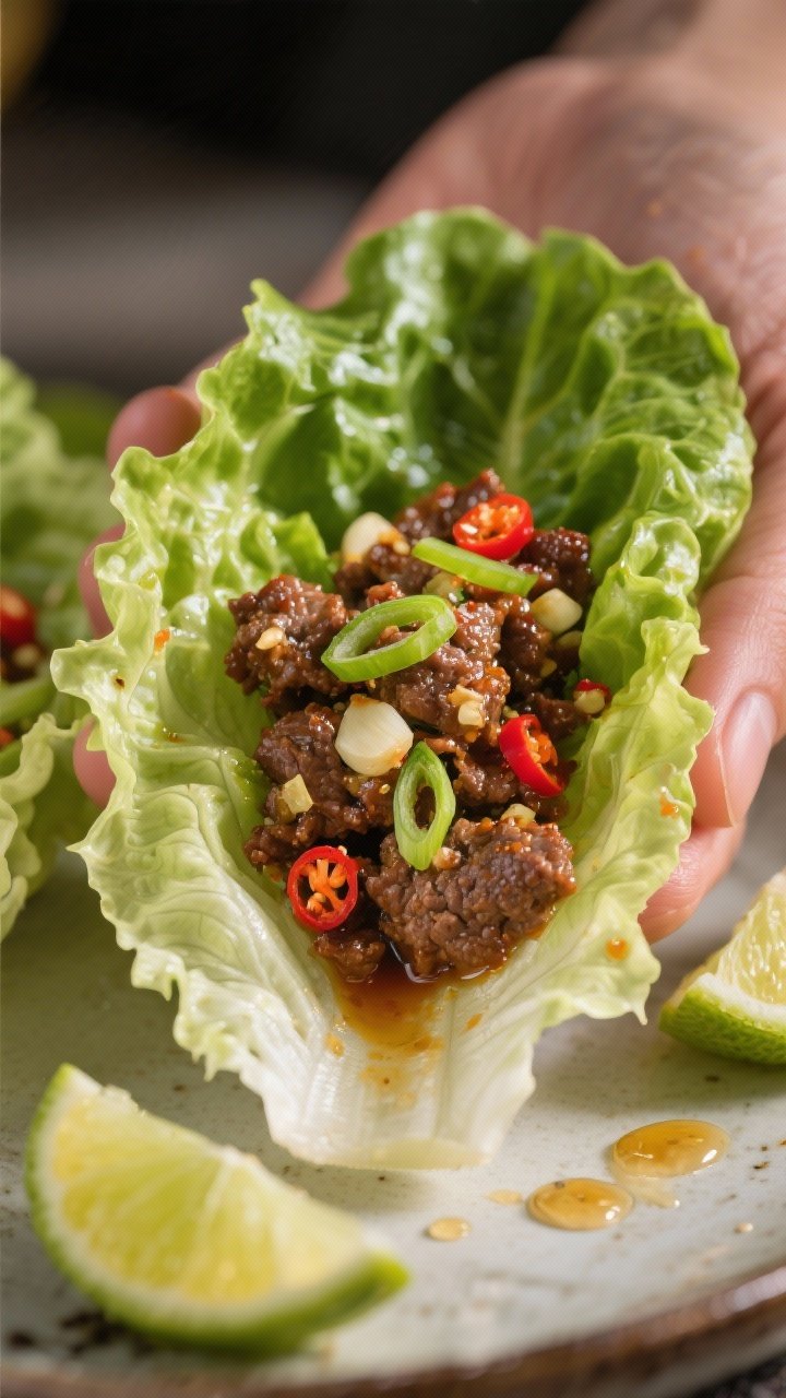 Tight close-up handheld vibe (no hands shown) of chili-lime beef lettuce wraps: crisp butter lettuce cups filled with savory ground beef infused with minced garlic, lime zest and juice, soy sauce or tamari, honey, and chili-garlic sauce, glistening with a sweet-heat glaze. Garnished with thinly sliced scallions and a wedge of lime nearby, tiny droplets of dressing visible on lettuce veins. High clarity, vibrant greens and fiery red chili flecks, light backlighting for freshness and snap.