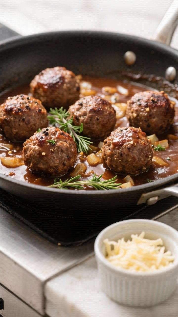 5-inch beef-and-pork meatballs browning in a large stainless skillet, well-rendered crust with peppe