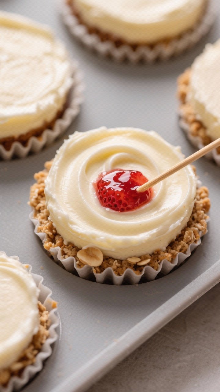 Assembly detail shot: No-bake strawberry cheesecake bites being assembled in a silicone mini muffin 