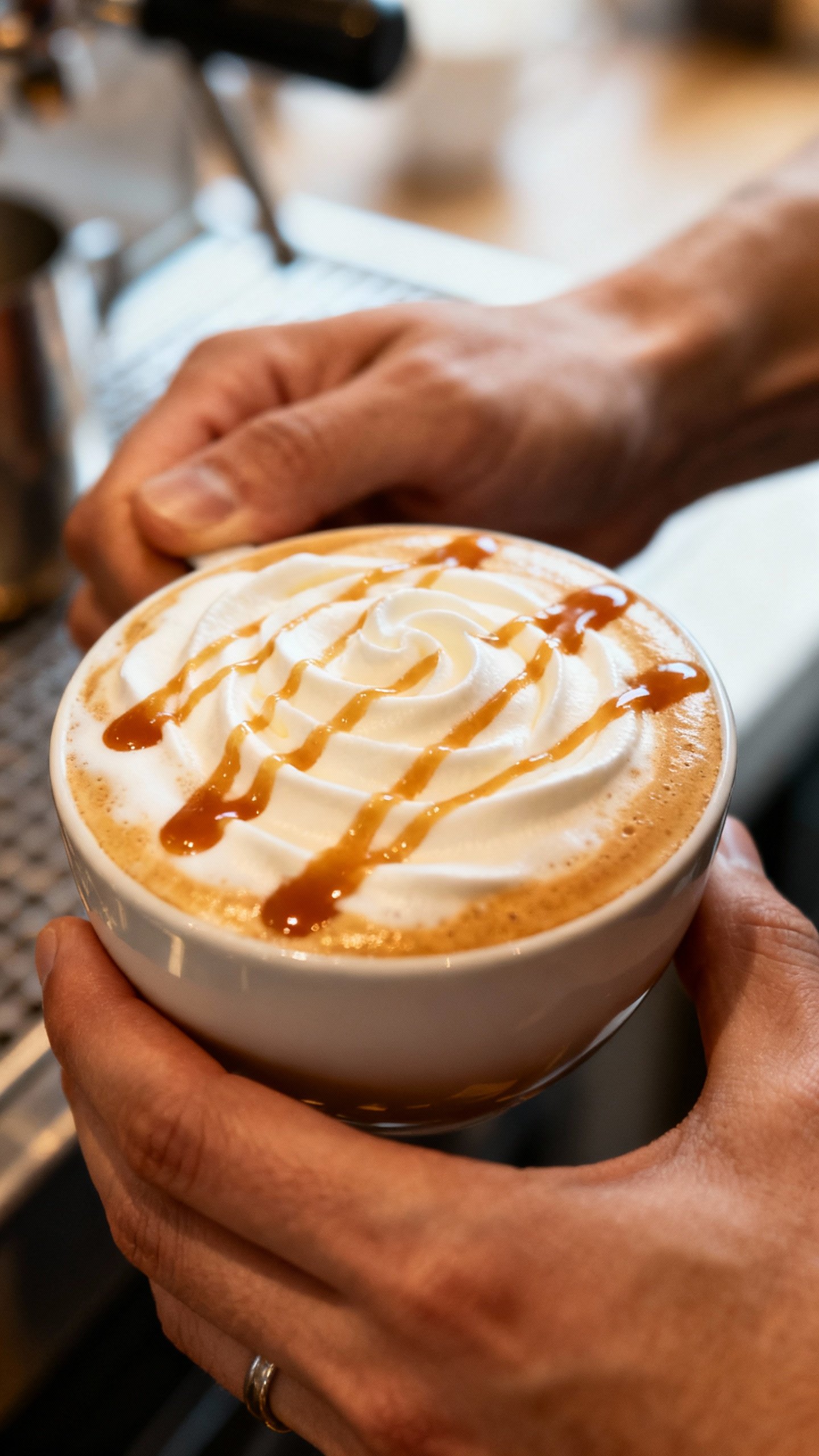 Barista hand frothing flavored latte, creamy foam swirls, caramel drizzle