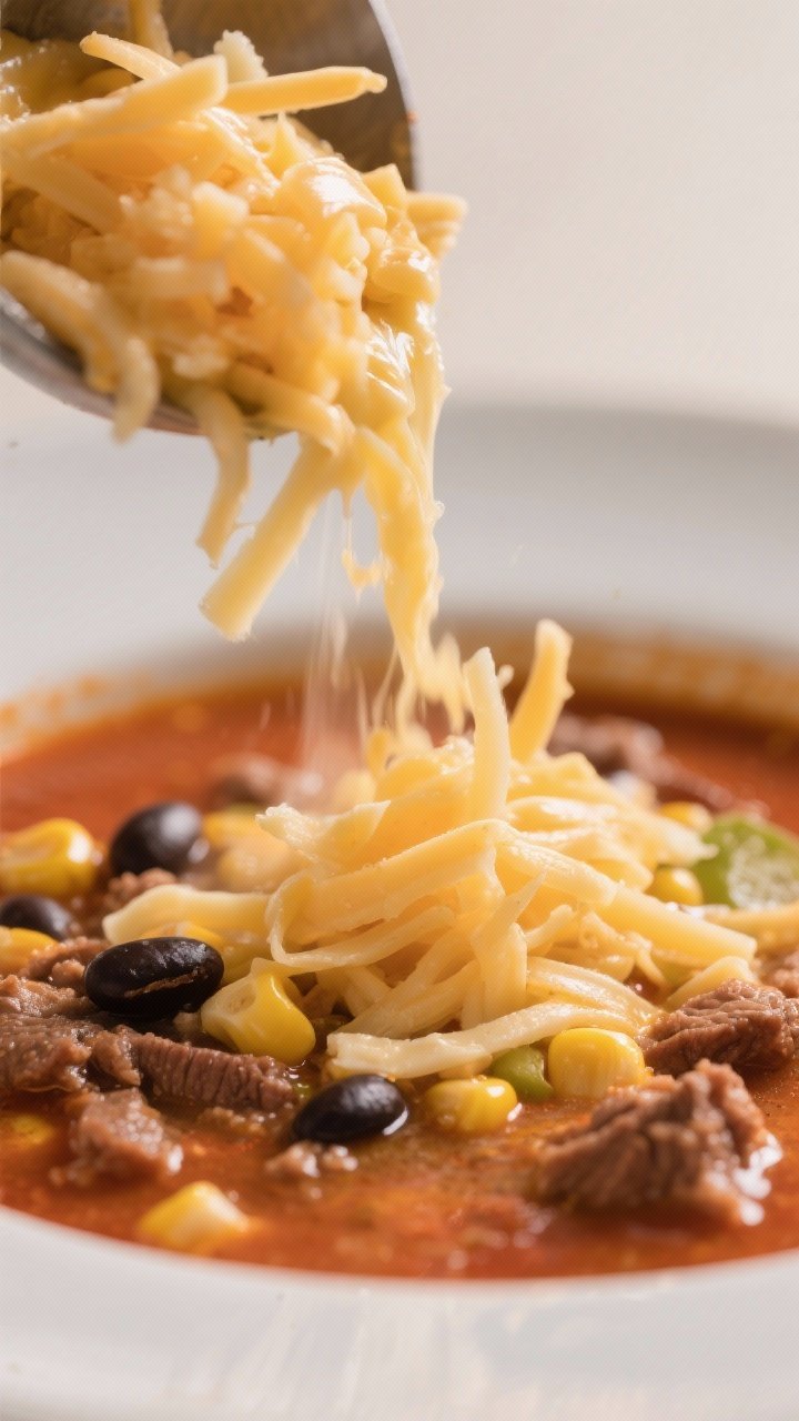 Cheese-melting detail shot: Extreme close-up of shredded Monterey Jack being added in small handfuls