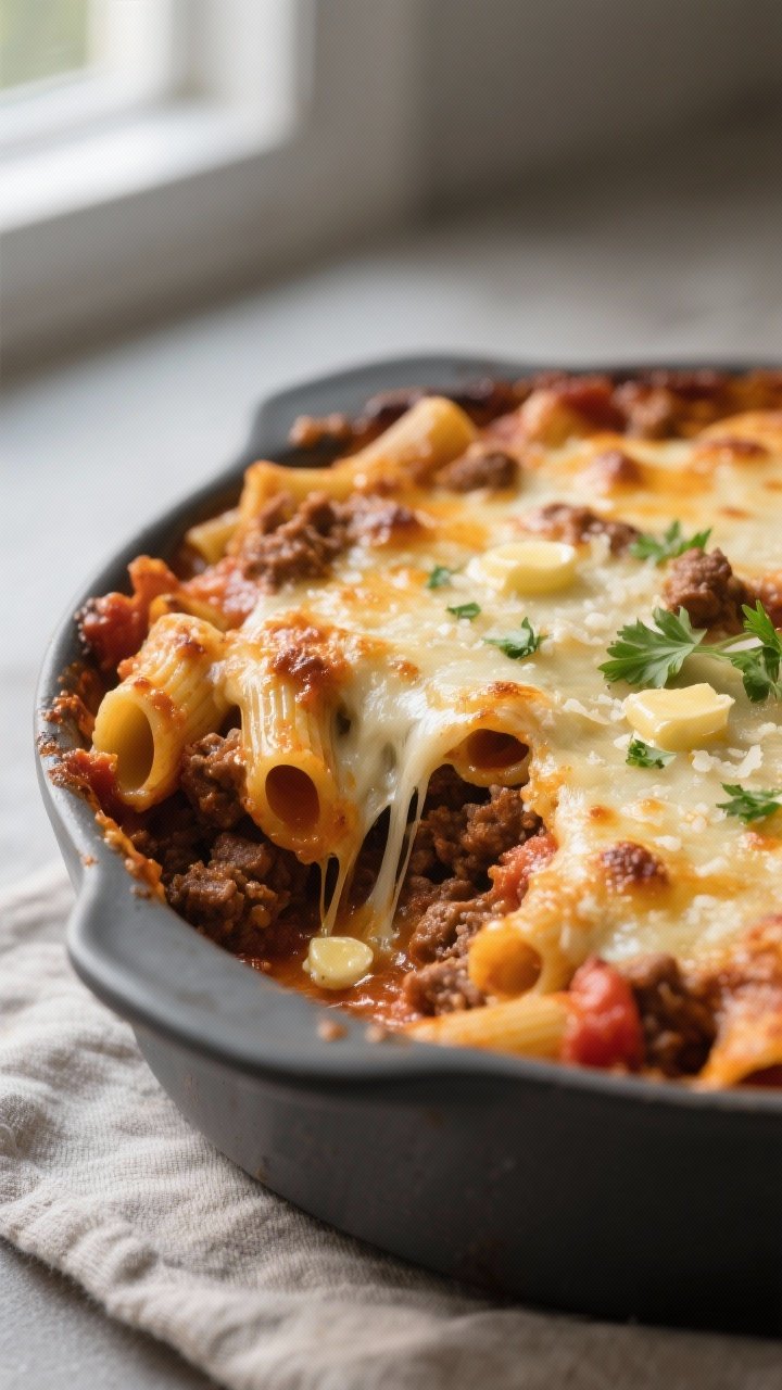Close-up detail: A bubbling baked ziti ground beef casserole just uncovered from the oven, showing g