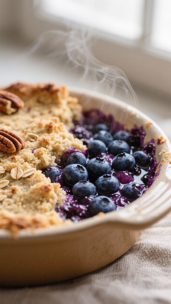 Close-up detail: A bubbling blueberry cobbler just out of the oven, tight macro on glossy, deep-indi