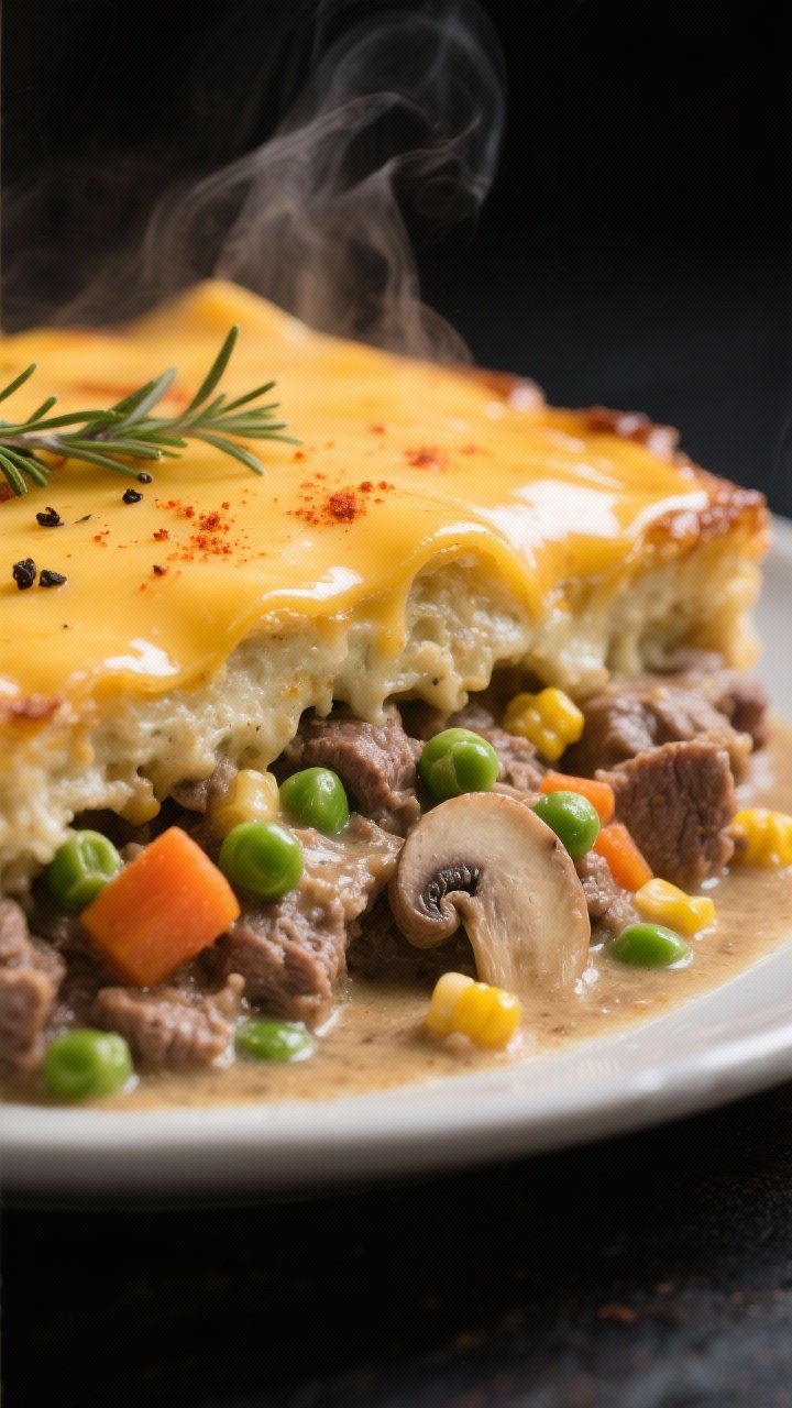 Close-up detail: A bubbling, creamy meat-and-mushroom layer just after simmering, studded with peas,