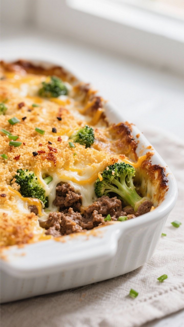 Close-up detail: A bubbling ground beef and broccoli casserole just out of the oven, shot at a 45-de