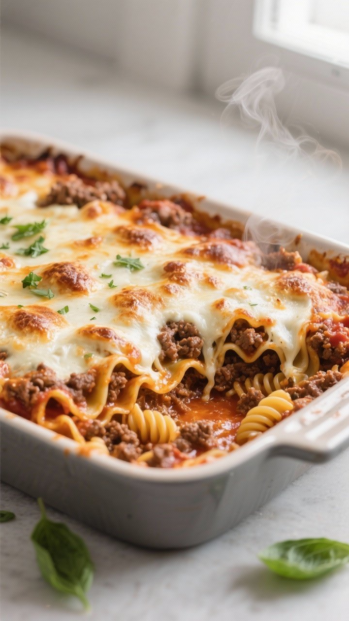 Close-up detail: A bubbling, just-uncovered ground beef lasagna casserole in a 9x13 baking dish at t