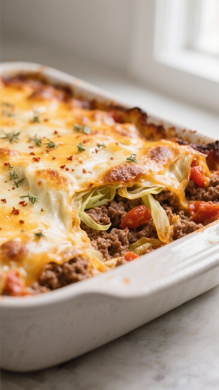 Close-up detail: A bubbling, just-uncovered ground beef and cabbage casserole in a 9x13 baking dish 