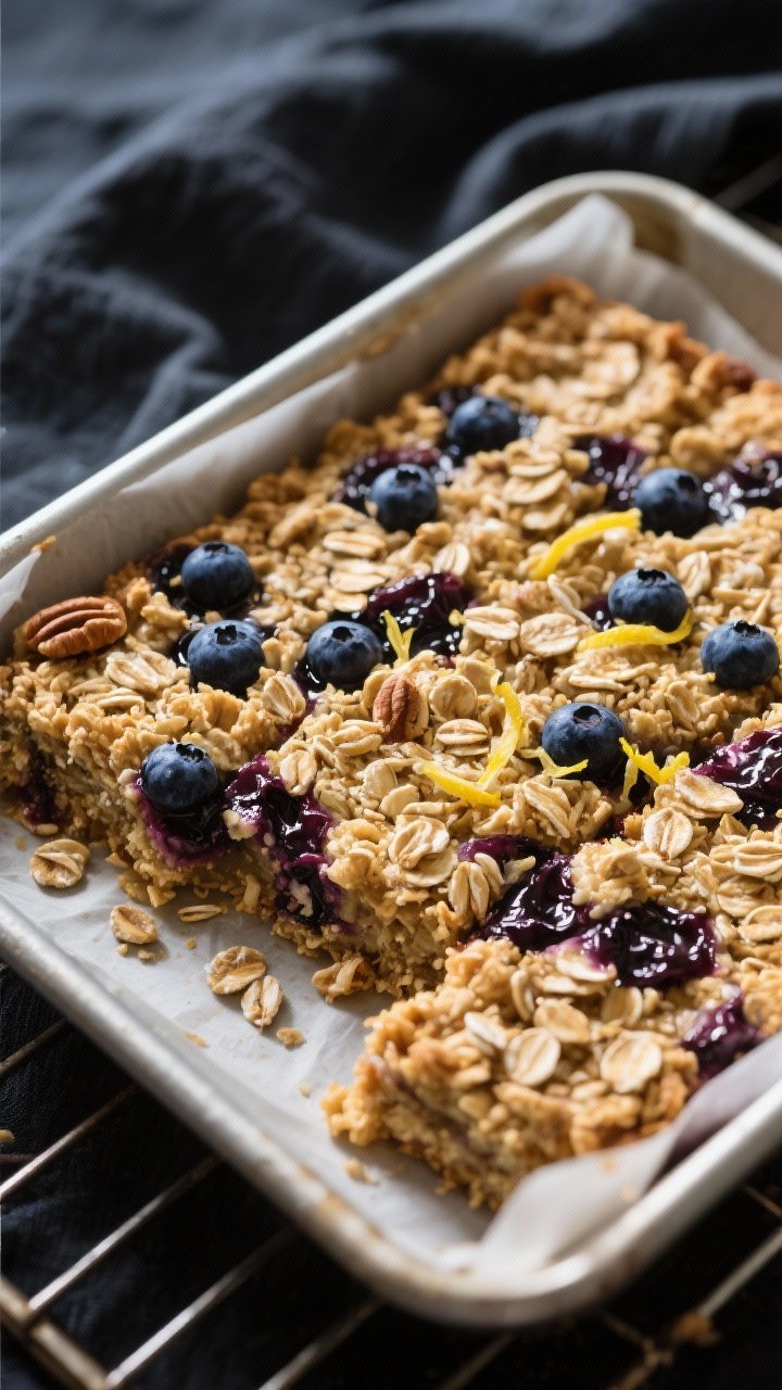 Close-up detail: A cooling pan of baked blueberry oatmeal bars just out of the oven, 8x8-inch parchm