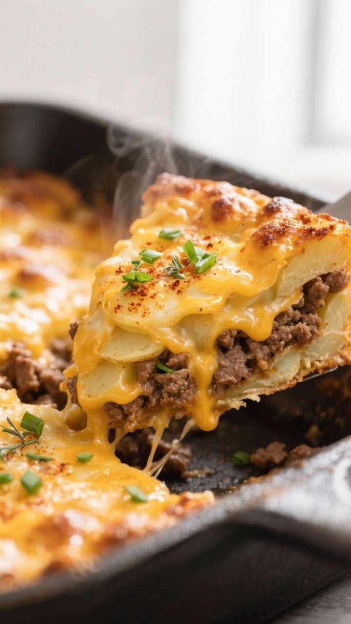 Close-up detail: A corner slice of baked Cheesy Ground Beef and Potato Casserole just lifted from th